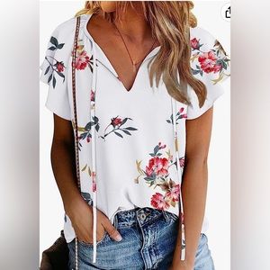 NWOT Women's Floral Print V Neck Ruffle Short Sleeve Loose Blouse XL